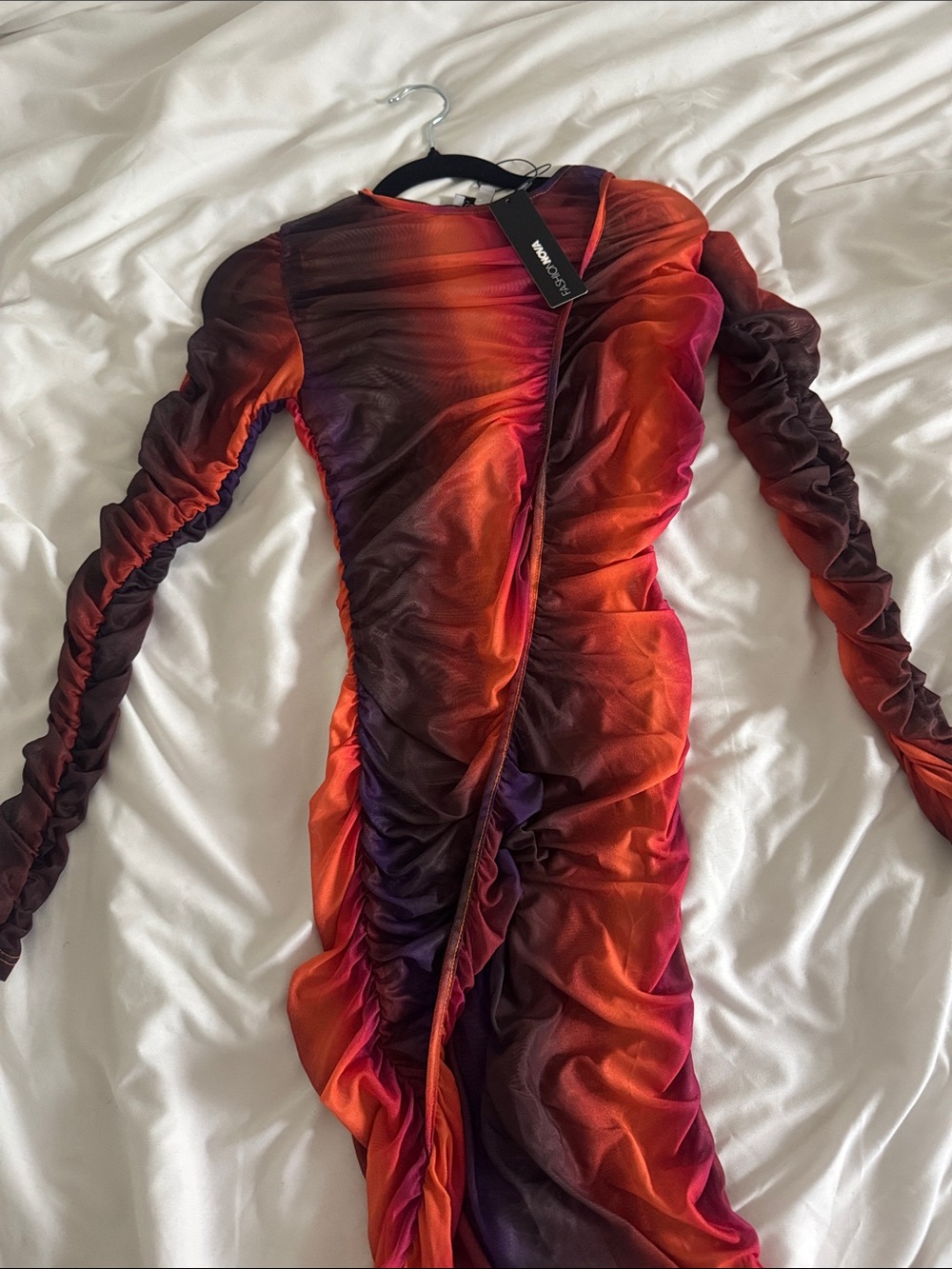 Fashion Nova Long Sleeve Ruched Mesh Dress in Red & Purple Ombre